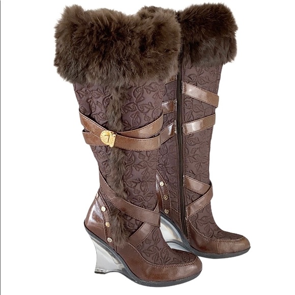 Baby Phat Shoes - Baby Phat Odessa Faux Fur Lucite Wedge Knee Boots
